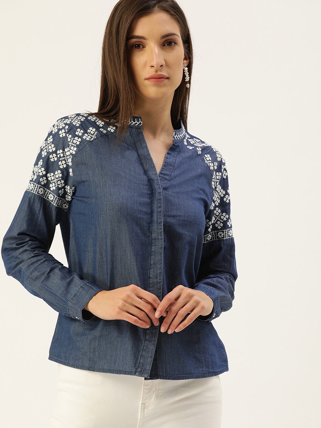 

Flying Machine Blue Mandarin Collar Embroidered Shirt Style Top