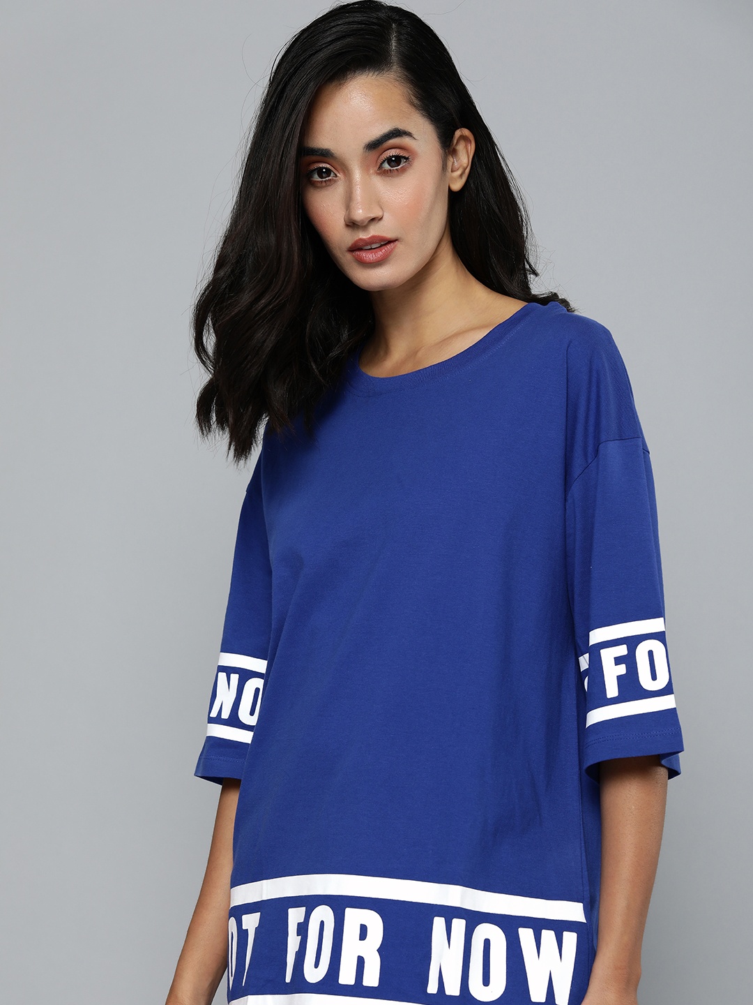 

Flying Machine Women Navy Blue Typography Printed Drop-Shoulder Sleeves T-shirt