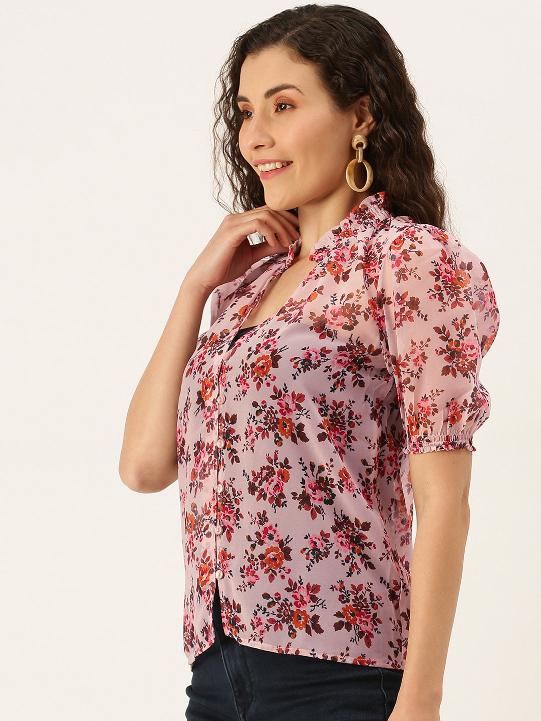 

Flying Machine Women Peach-Coloured & Grey Floral Print Top