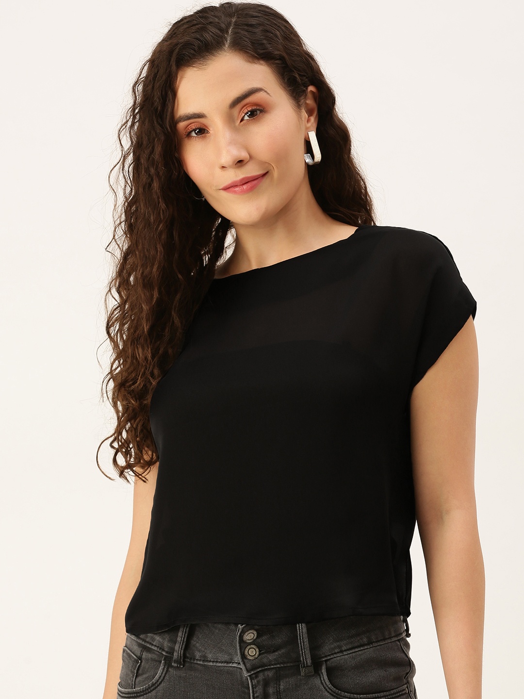 

Flying Machine Women Black Solid Boat Neck Regular Top