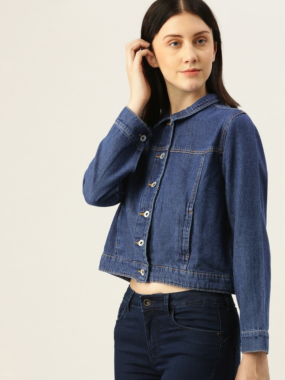 

Flying Machine Women Blue Washed Crop Pure Cotton Denim Trucker