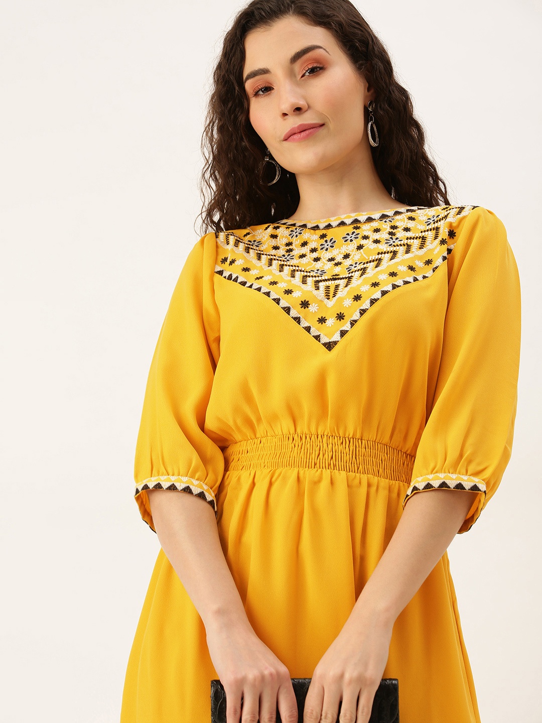 

Flying Machine Mustard Yellow Ethnic Motifs Embroidered Smocked Fit & Flare Midi Dress