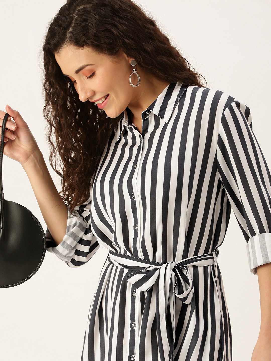 

Flying Machine Navy Blue & White Striped Shirt Collar Roll-Up Sleeves Tie-Ups Shirt Dress
