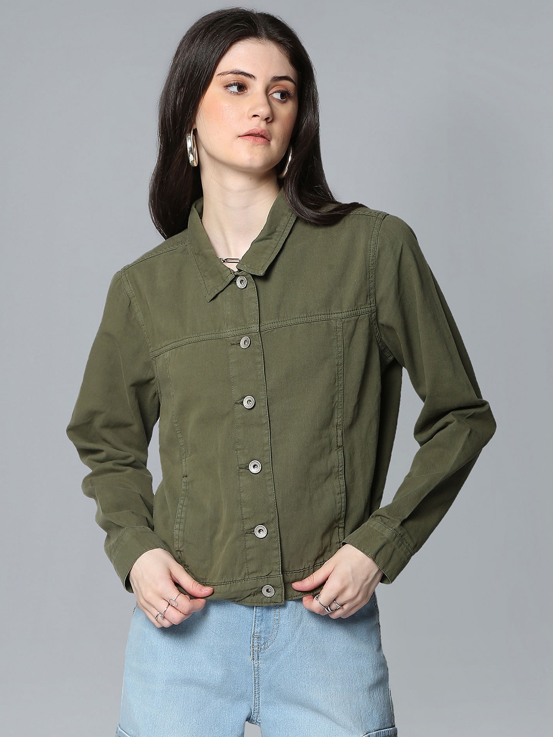

Flying Machine Women Olive Green Solid Pure Cotton Denim Trucker
