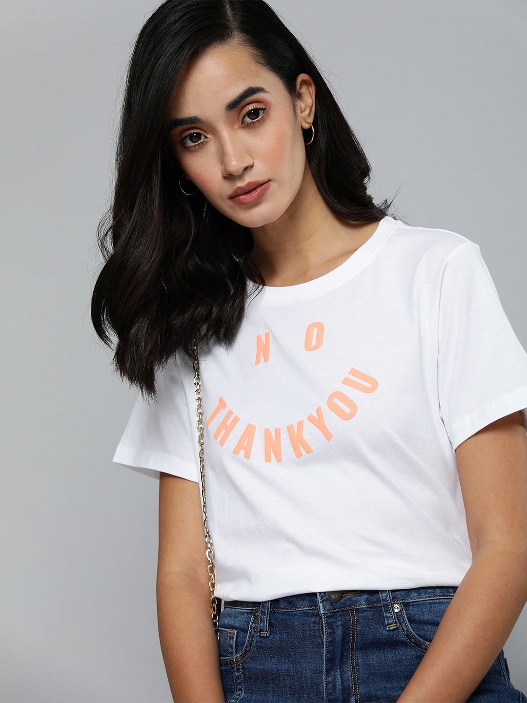 

Flying Machine Women White & Orange Flock Printed Pure Cotton T-shirt