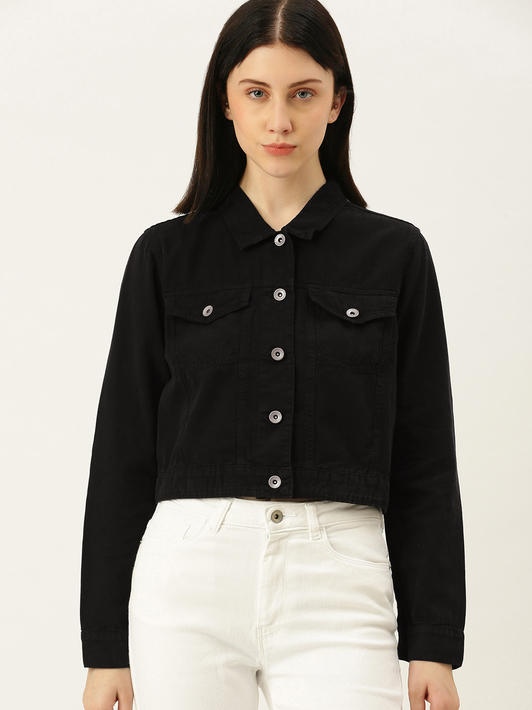 

Flying Machine Women Black Solid Crop Pure Cotton Denim Trucker