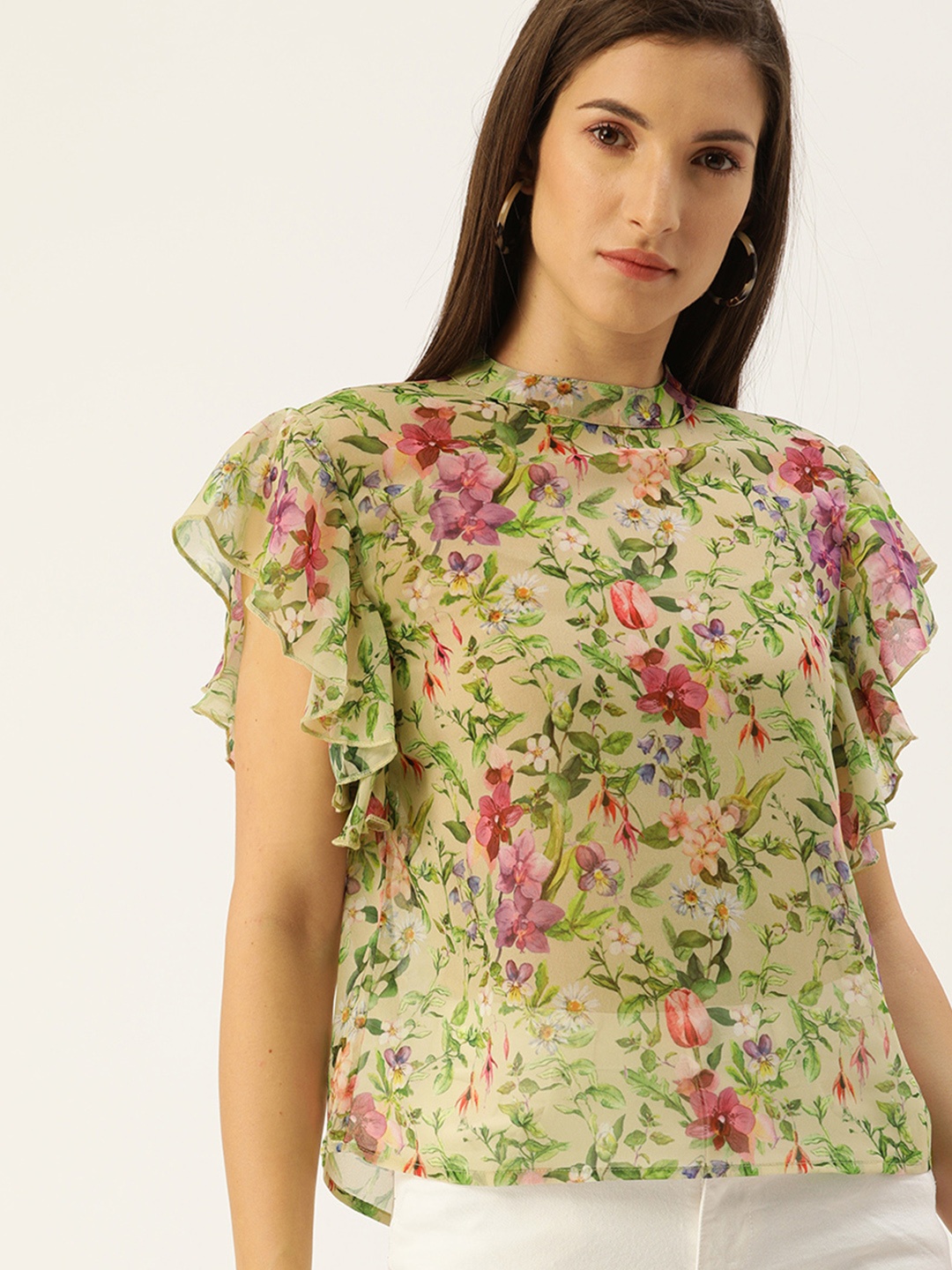 

Flying Machine Multicoloured Floral High Neck Flutter Sleeves Top, Multi