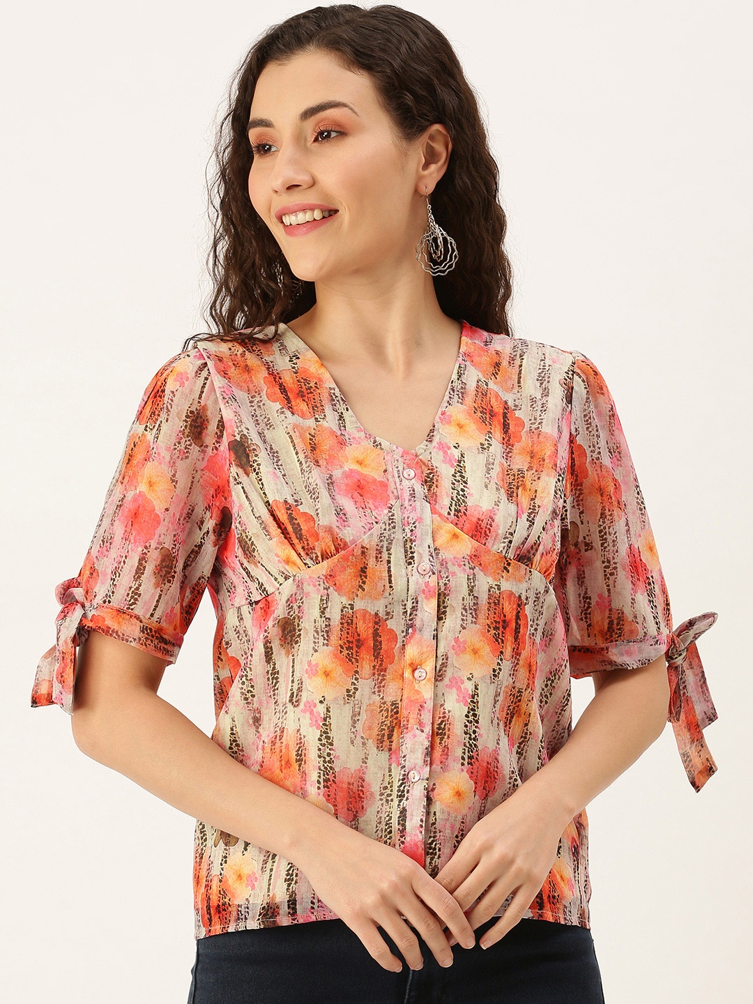 

Flying Machine White Print Accordion Pleated Sleeves Peplum Top