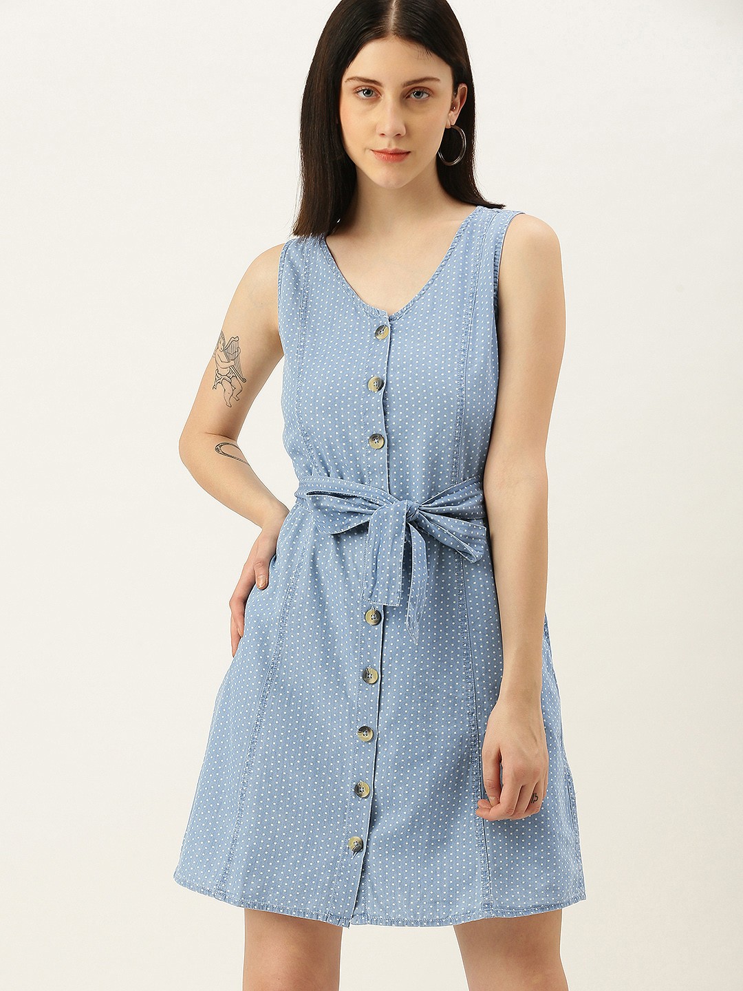 

Flying Machine Blue & White Polka Dots Printed Denim A-Line Dress