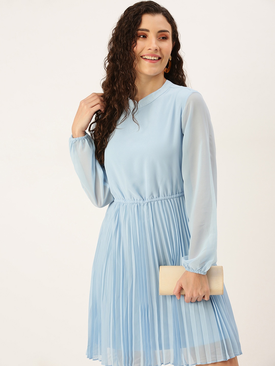 

Flying Machine Blue Mandarin Collar Bishop Sleeves Accordian Pleats Fit & Flare Dress
