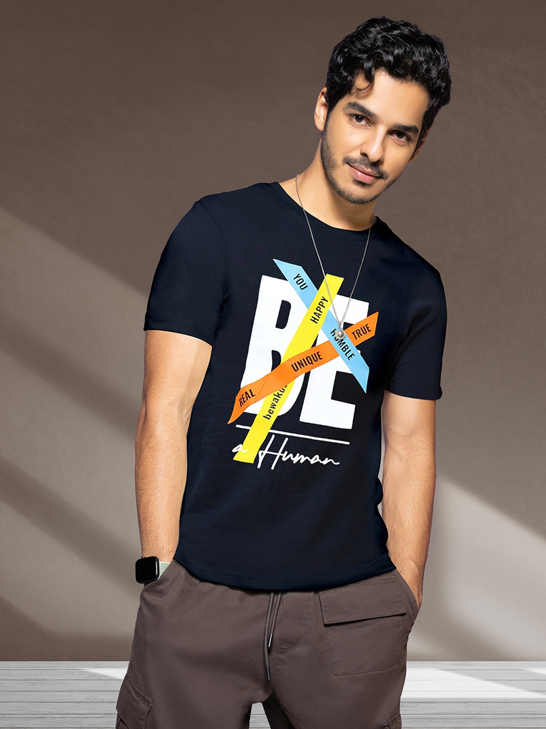

Bewakoof Men Navy Blue Be A Human Printed Pure Cotton T-shirt