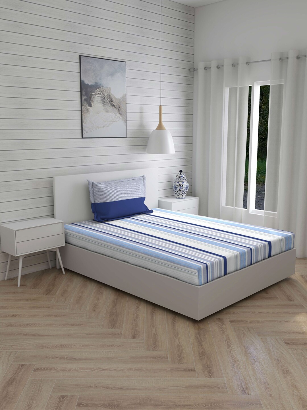 

Layers White & Blue Striped 140 TC Cotton 1 Single Bedsheet with 1 Pillow Covers