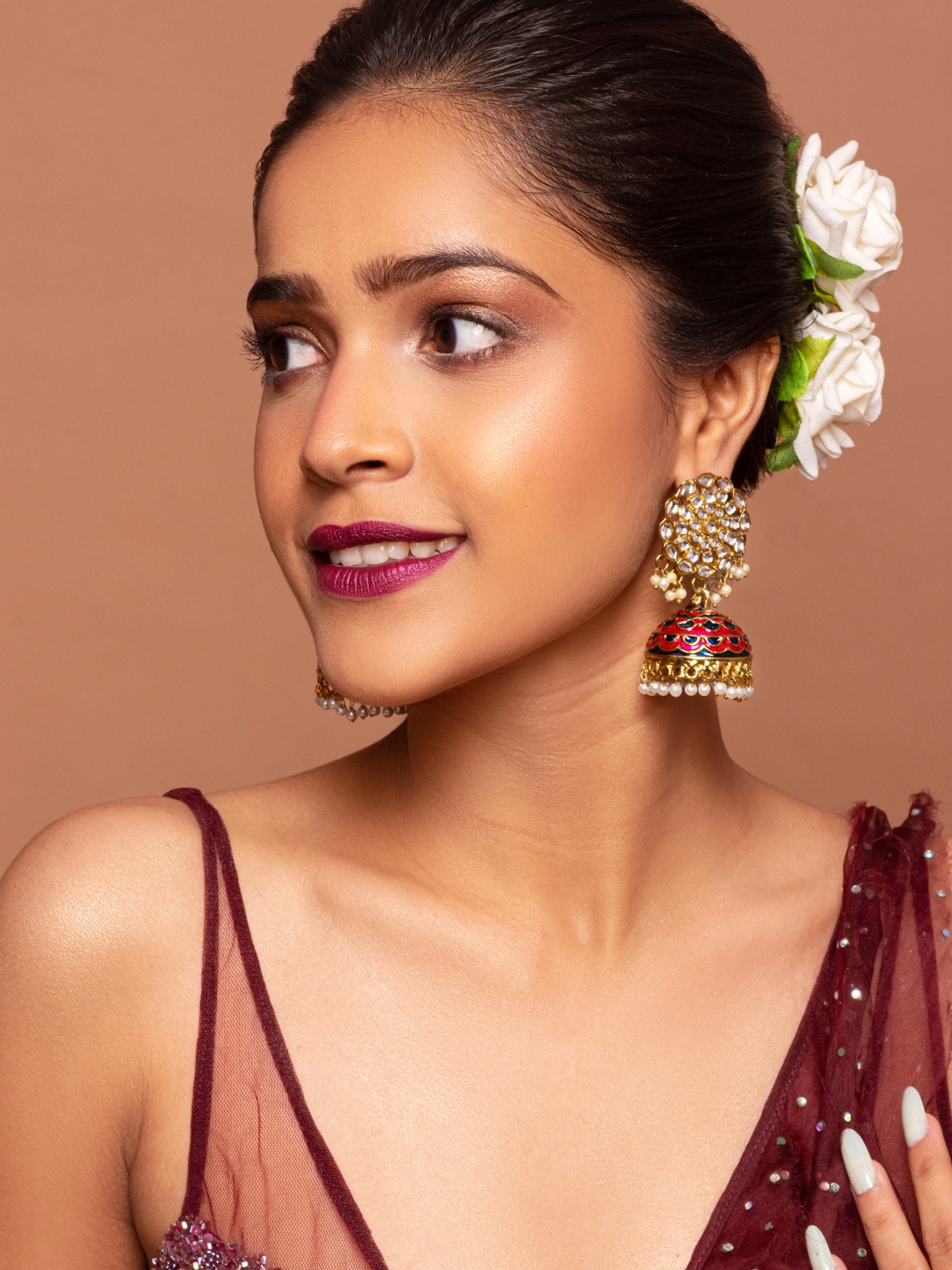

Fida Maroon Gold-Plated Kundan Studded & Beaded Handcrafted Dome Shaped Jhumkas