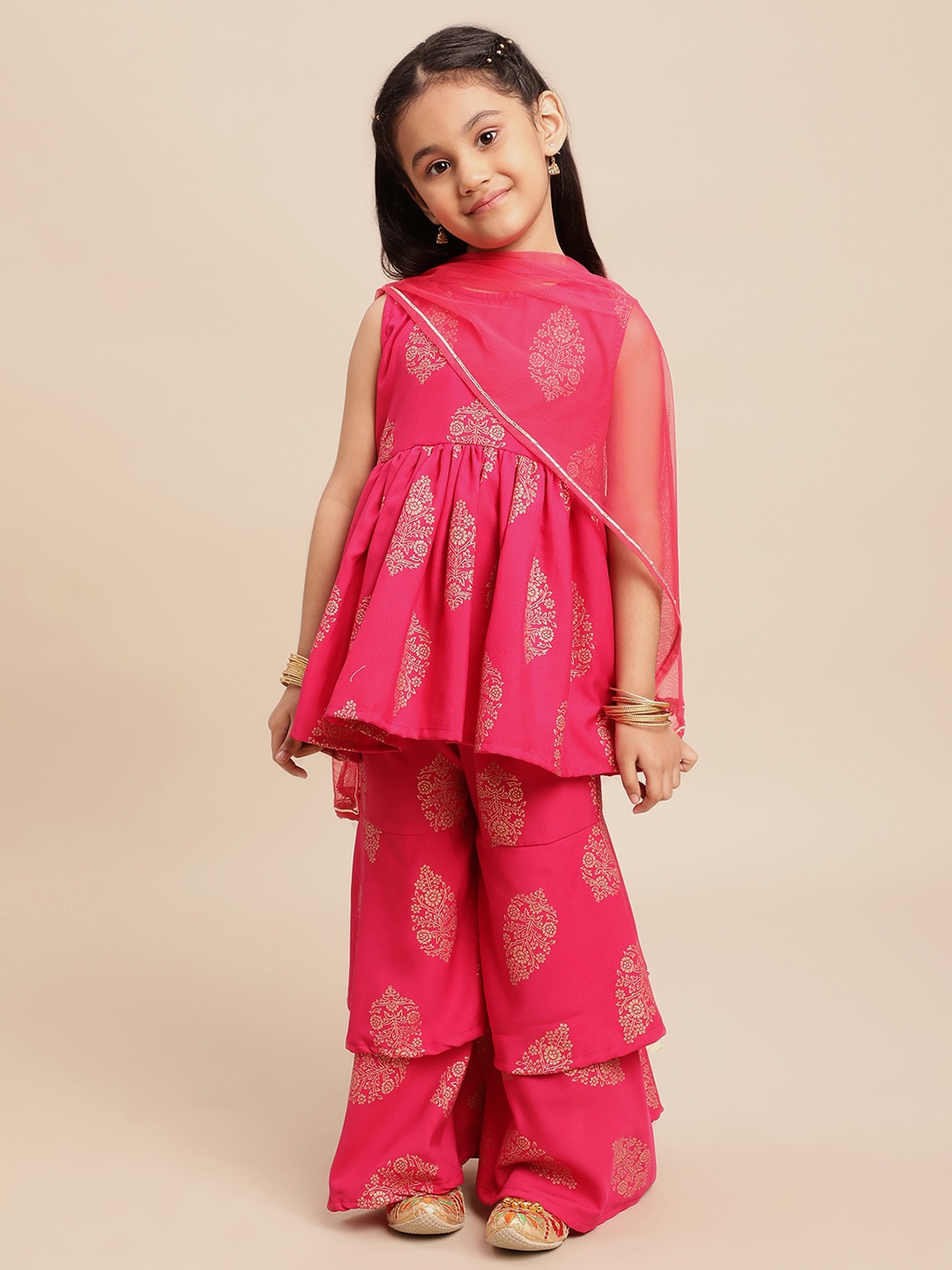 

Ahalyaa Girls Pink Ethnic Motifs Printed Empire A-Line Kurti with Palazzos & With