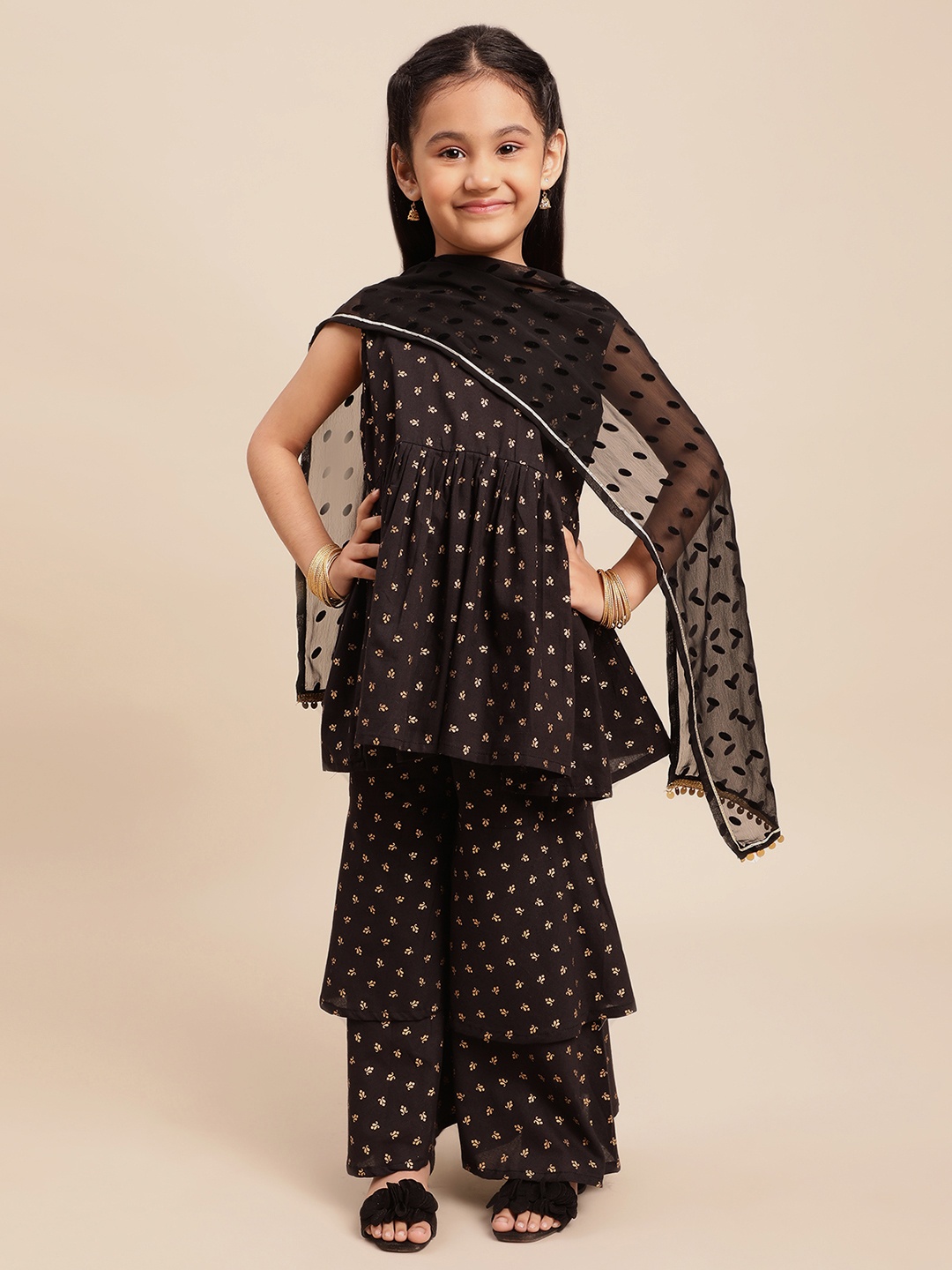

Ahalyaa Girls Black & Gold-Toned Printed Anarkali Kurta & Sharara With Dupatta