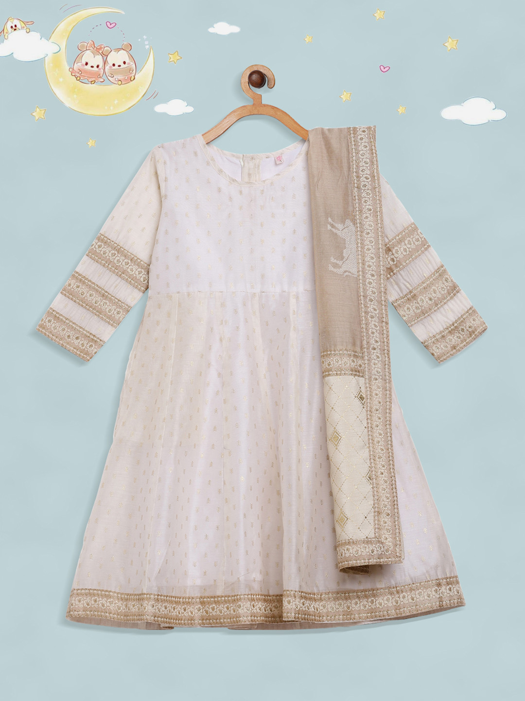 

Ahalyaa Girls Cream Ethnic Motifs Printed Patchwork Chanderi Silk Kurta with Dupatta