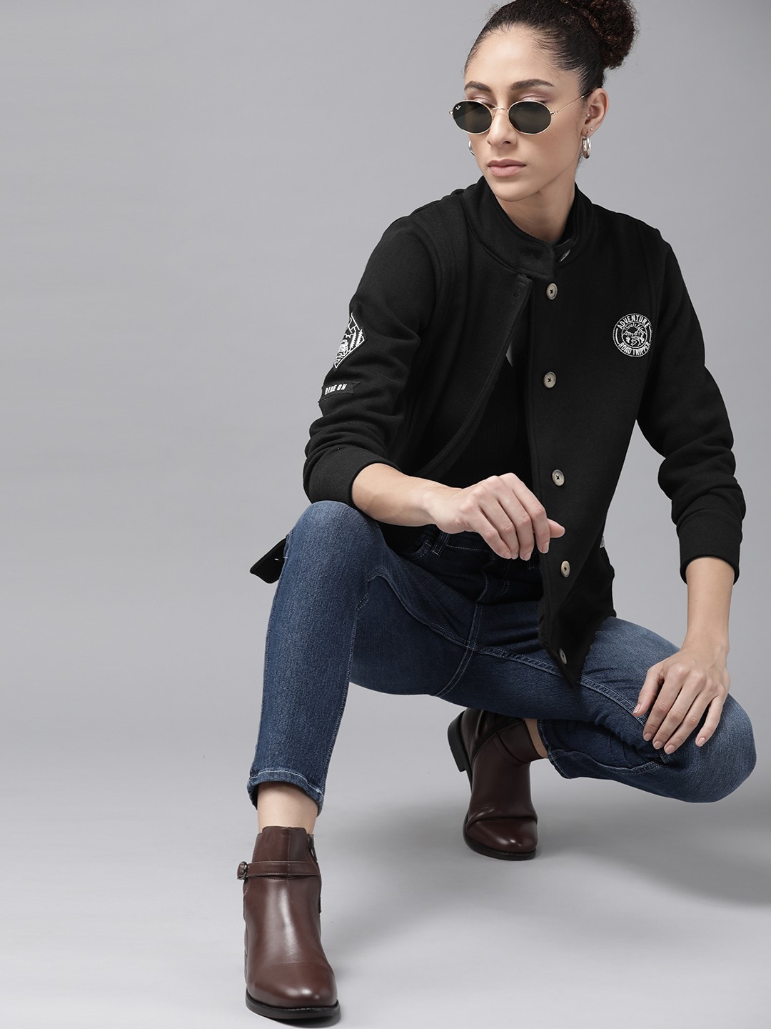 

Roadster Women Black Solid Tailored Jacket with Patchwork