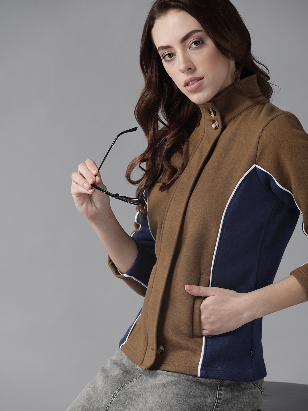 

Roadster Women Brown Navy Blue Colourblocked Tailored Jacket