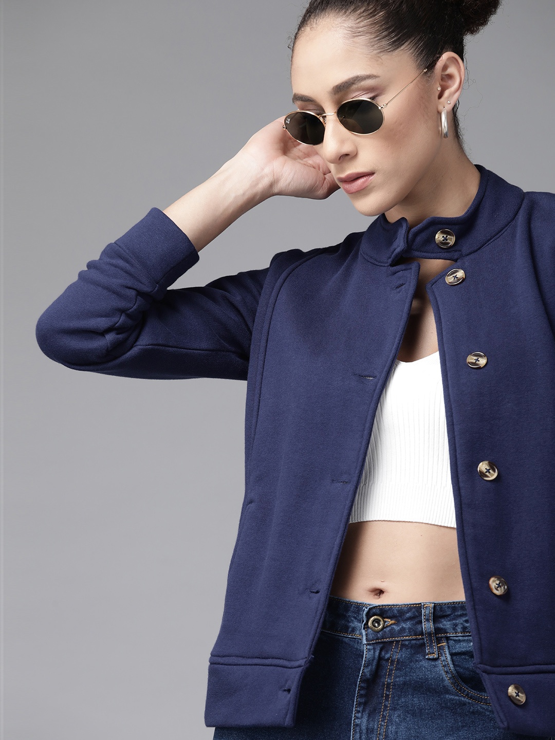 

Roadster Women Navy Blue Solid Tailored Jacket