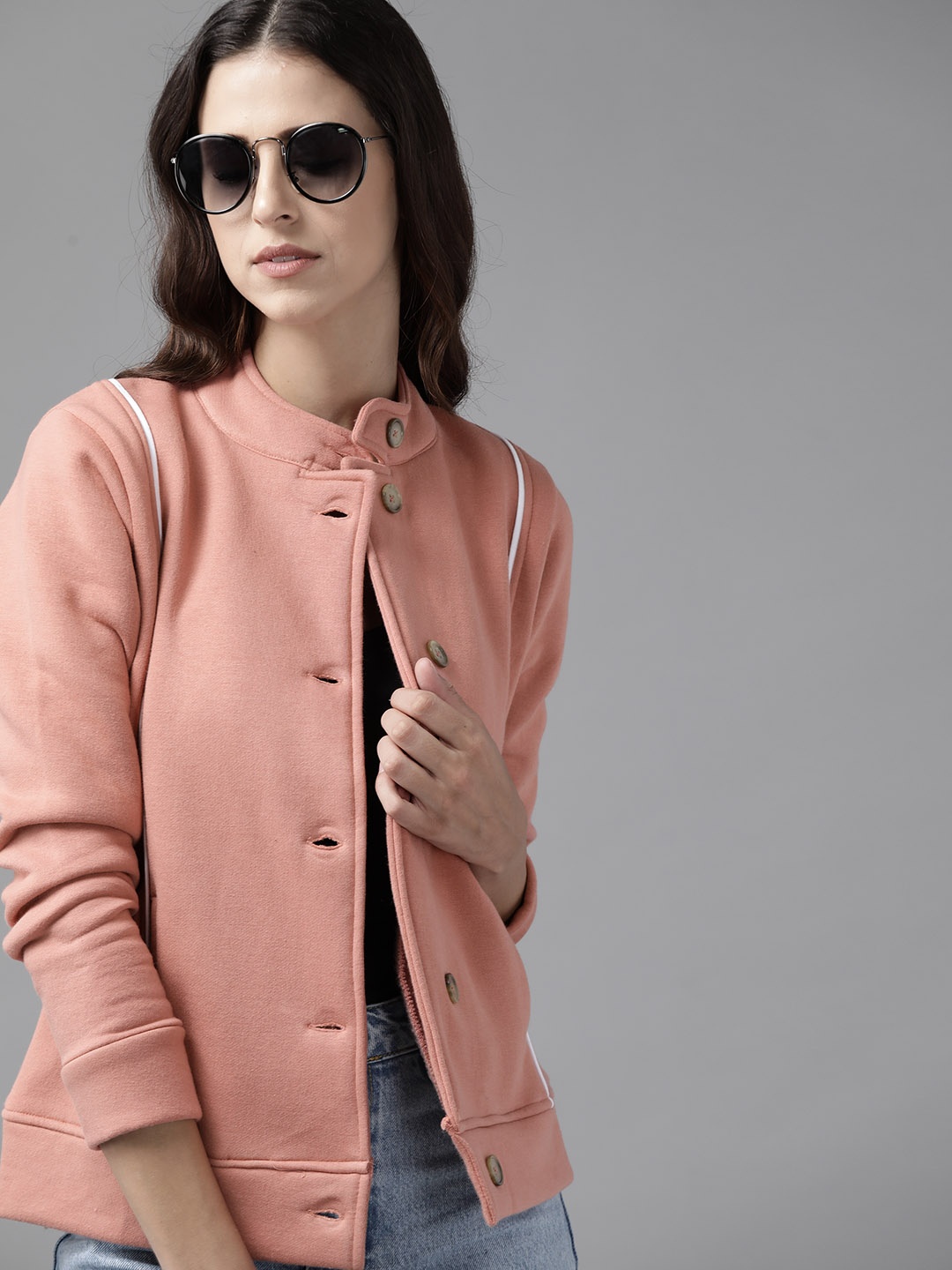

Roadster Women Pink Solid Jacket with Contrast Piping