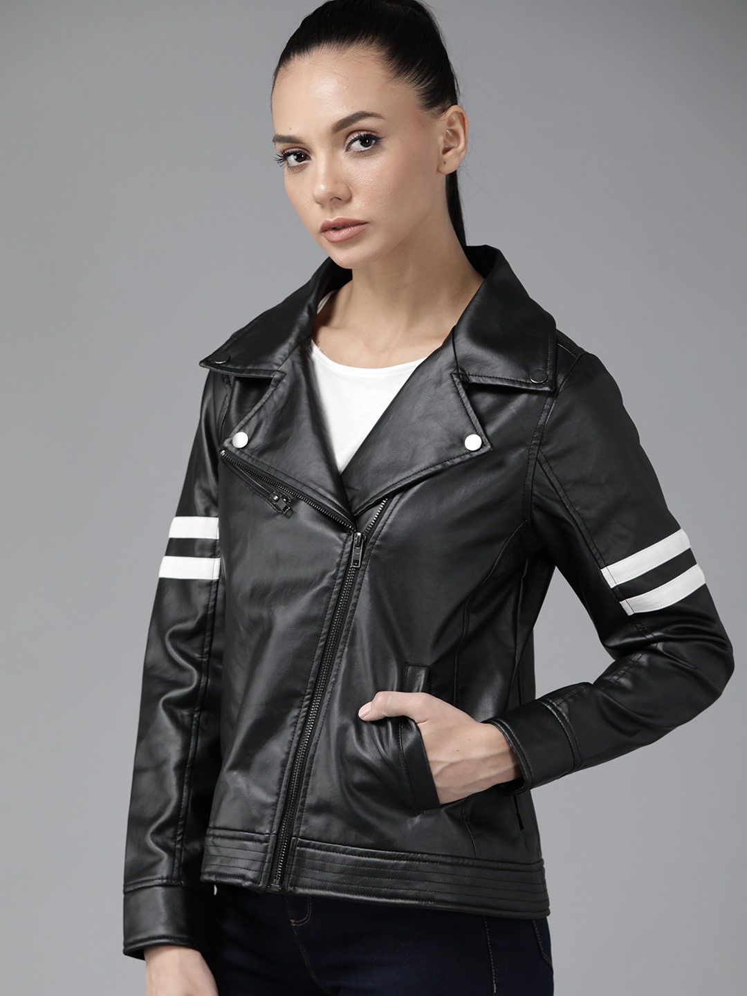 

Roadster Women Black Solid Biker Jacket