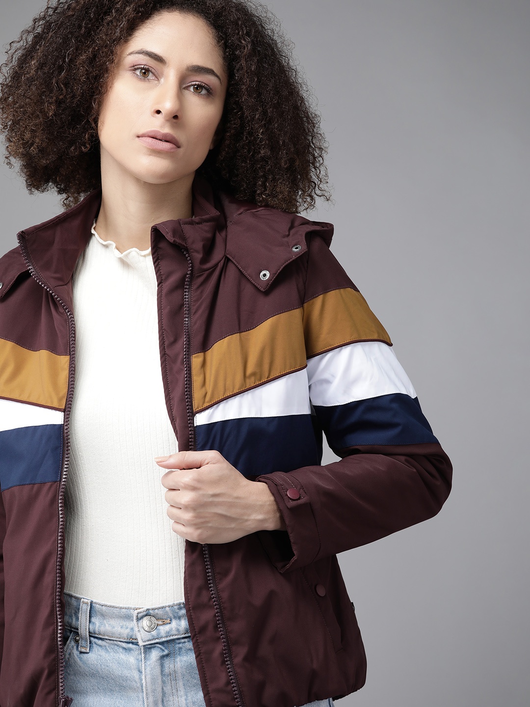

Roadster Women Brown & Navy Blue Colourblocked Padded Jacket