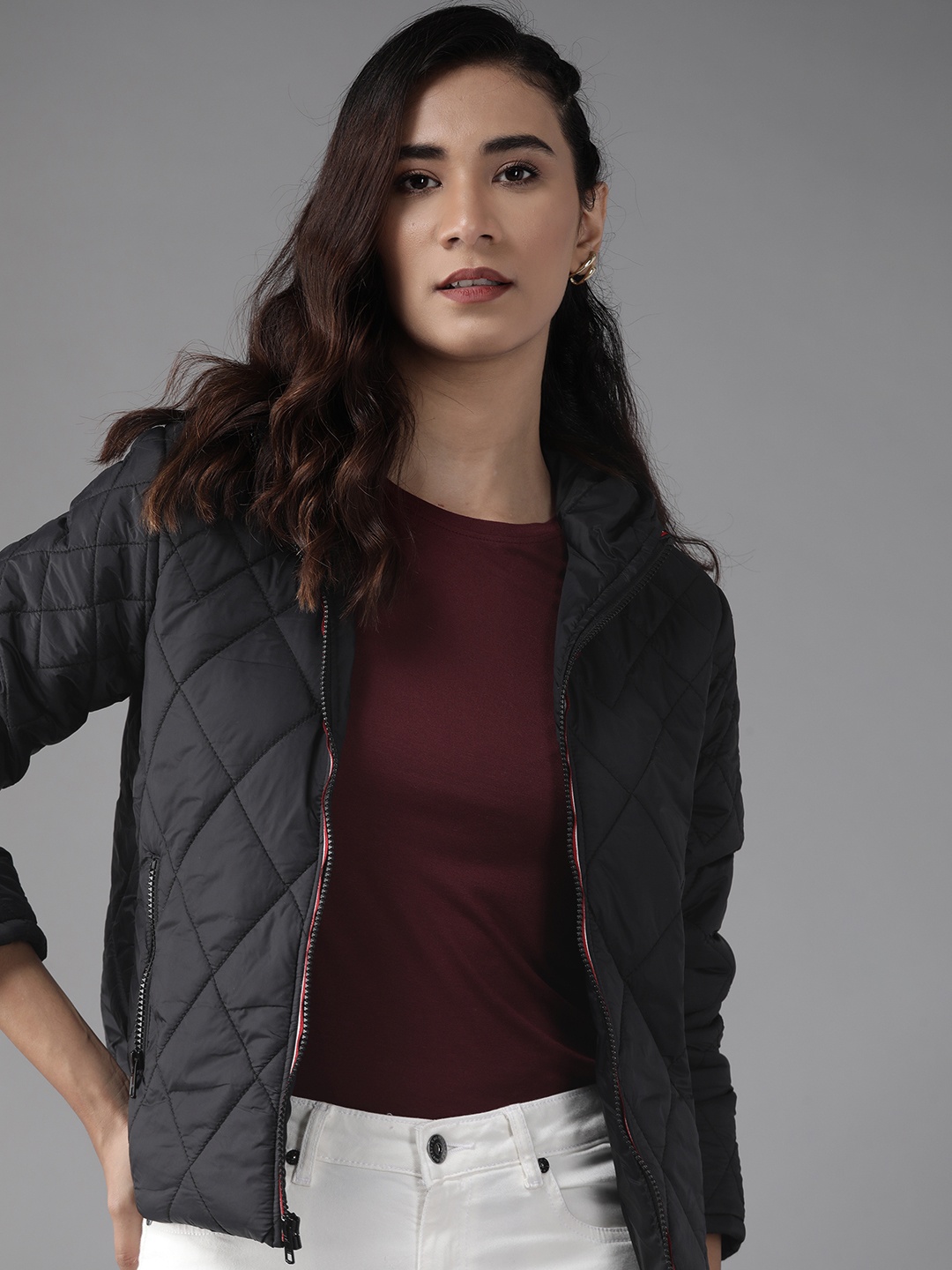 

Roadster Women Black Solid Quilted Hooded Jacket