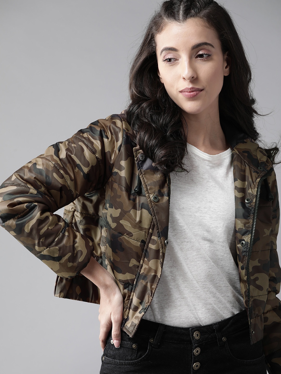 

Roadster Women Olive Green & Brown Camouflage Print Cropped Hooded Tailored Jacket
