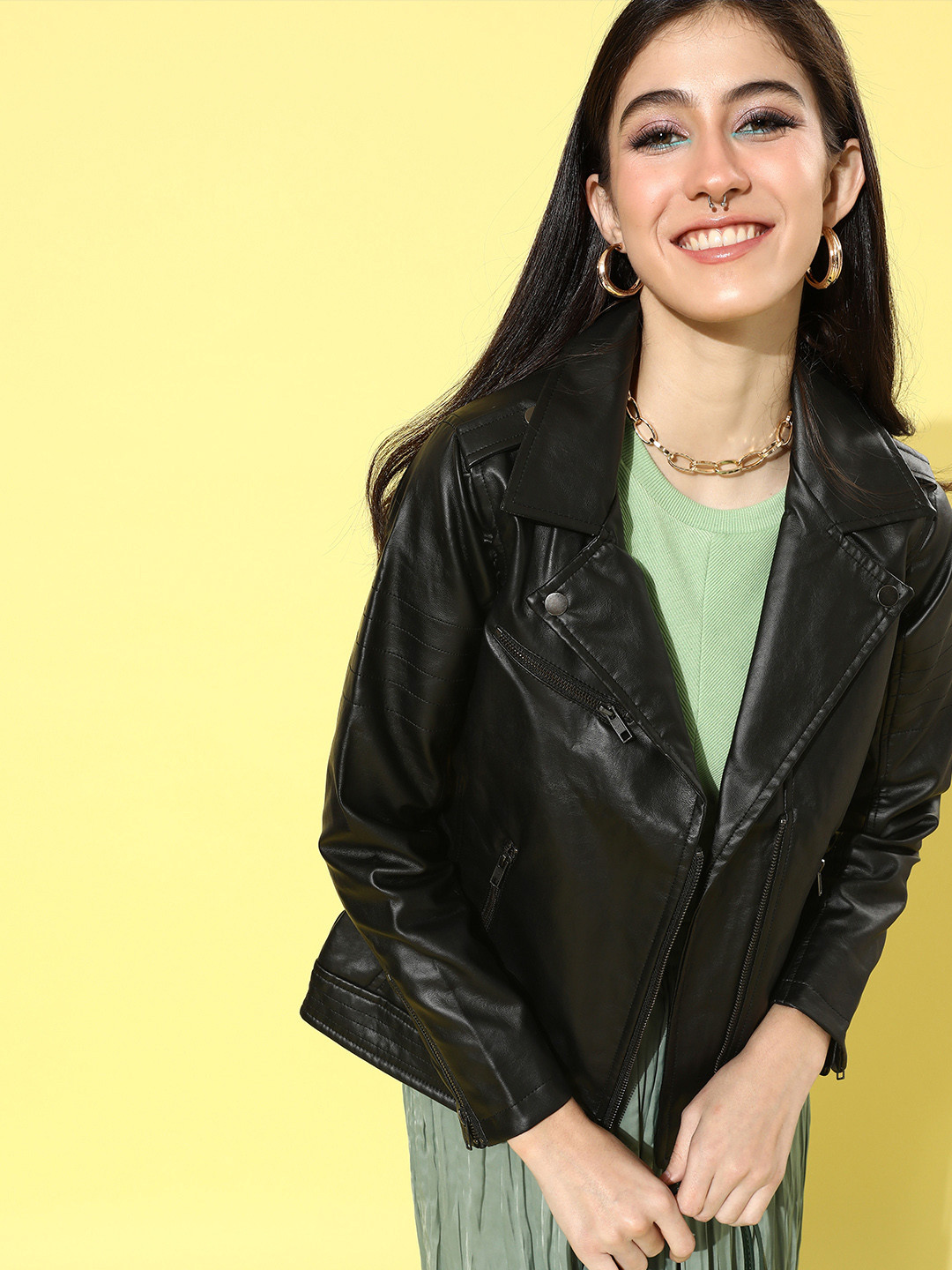 

Roadster Women Stylish Black Solid Biker Jacket