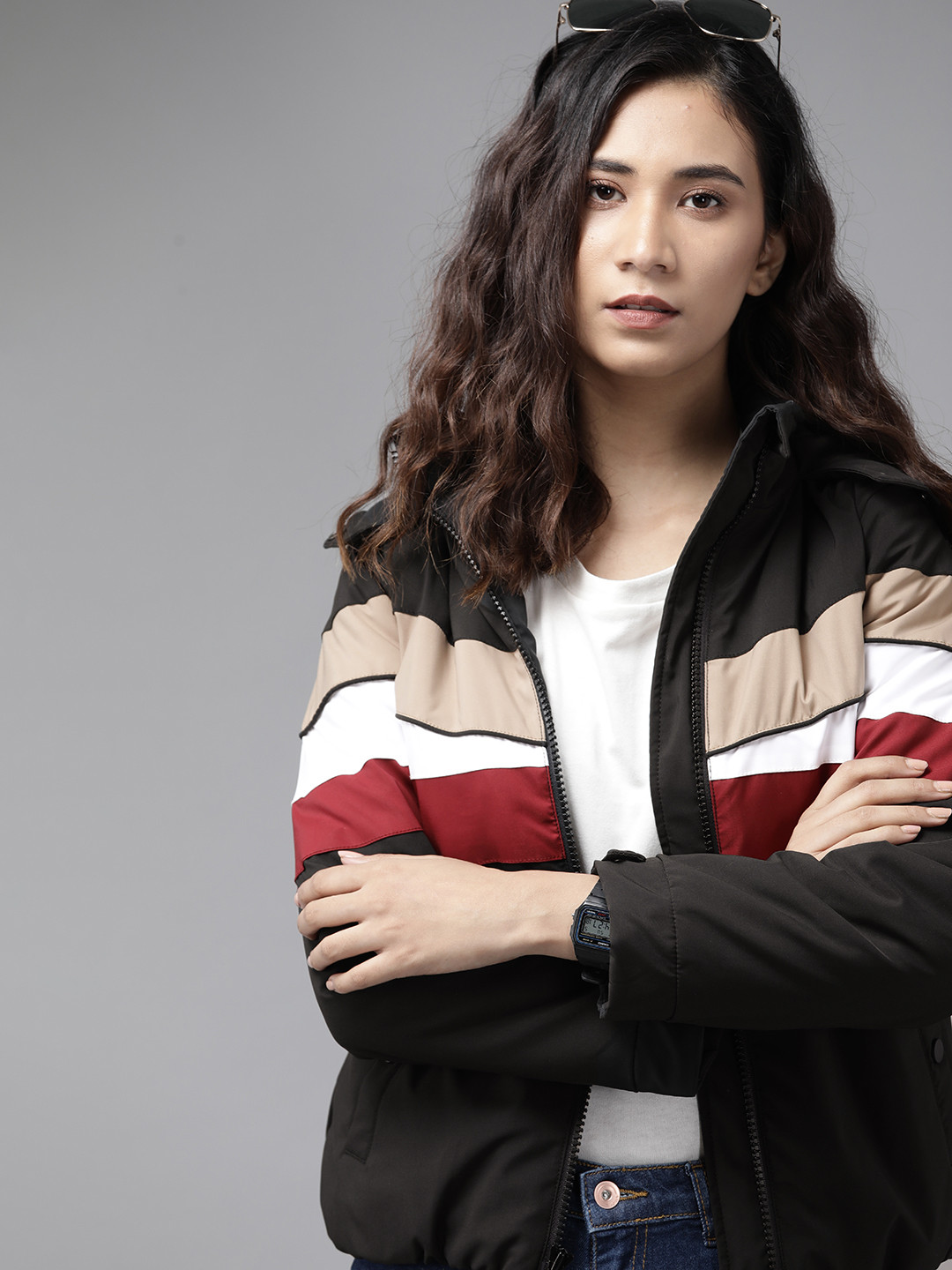 

Roadster Women Black Red & Red Striped Hood Padded Jacket