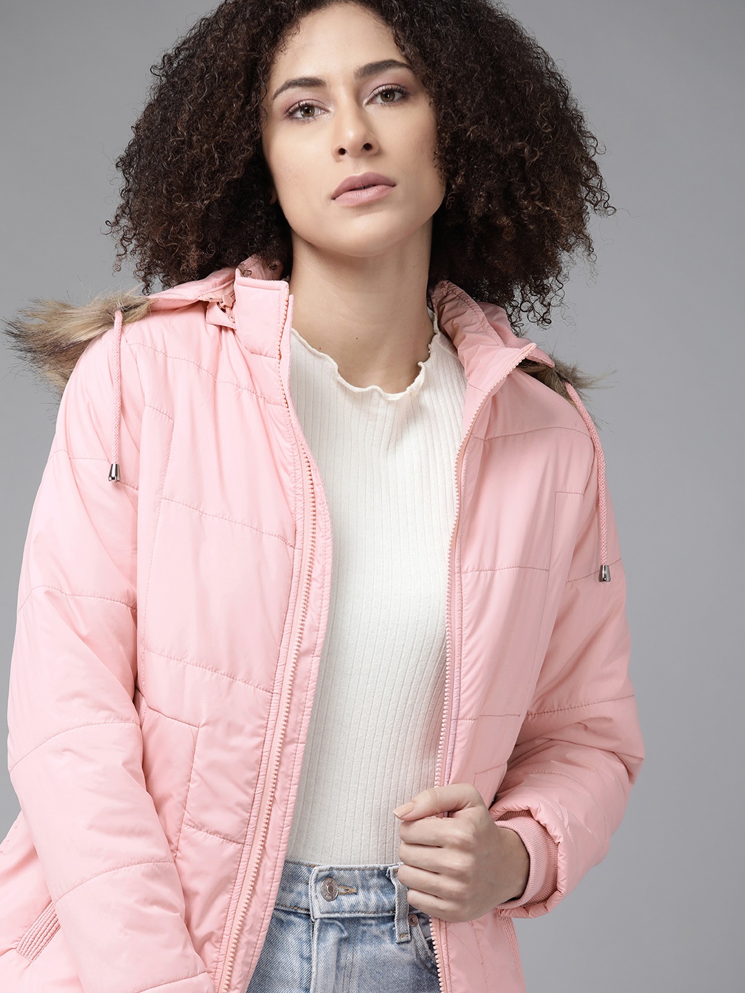 

Roadster Women Pink Solid Parka Jacket with Detachable Hood