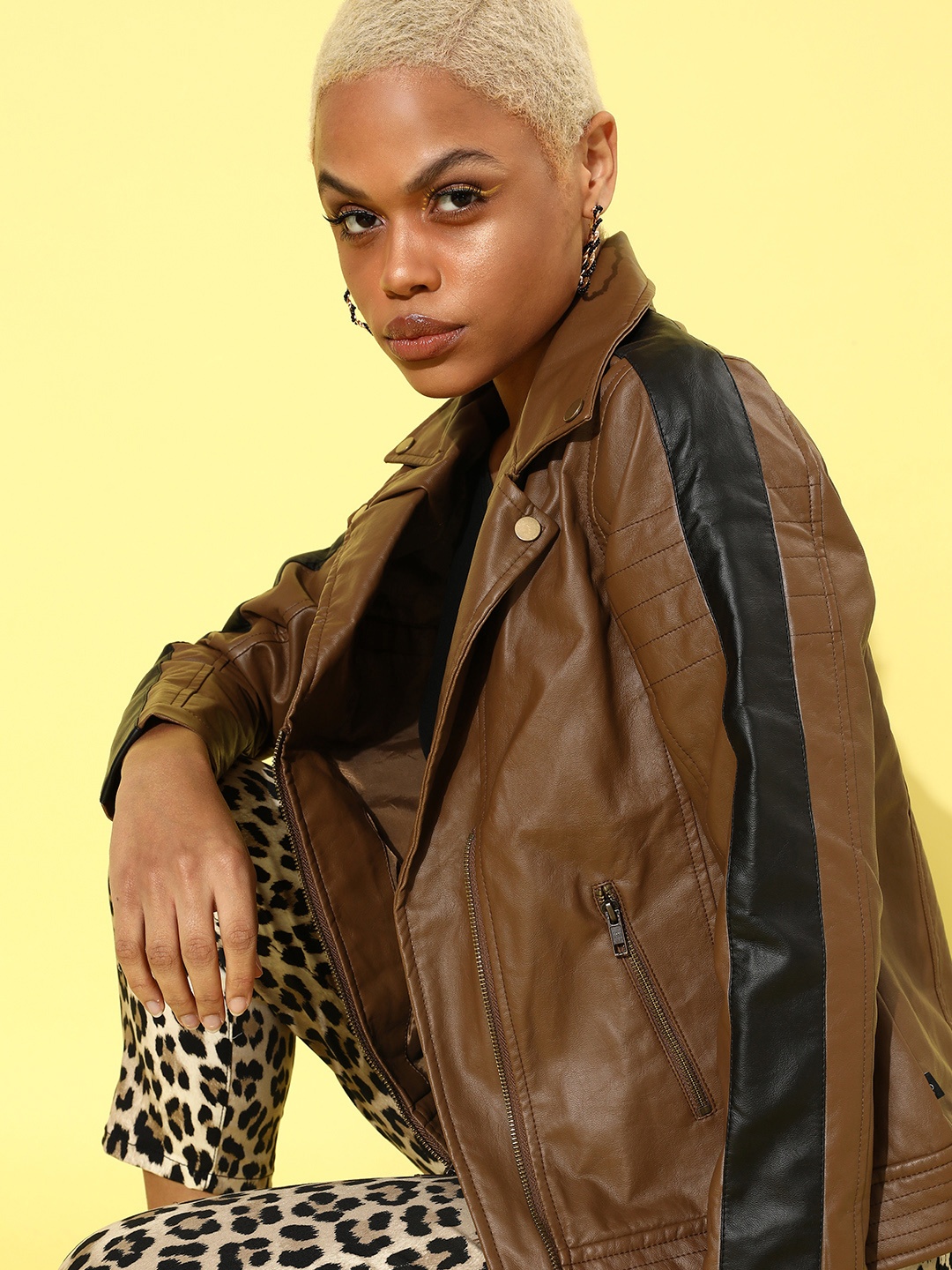 

Roadster Women Chic Brown Solid Biker Jacket