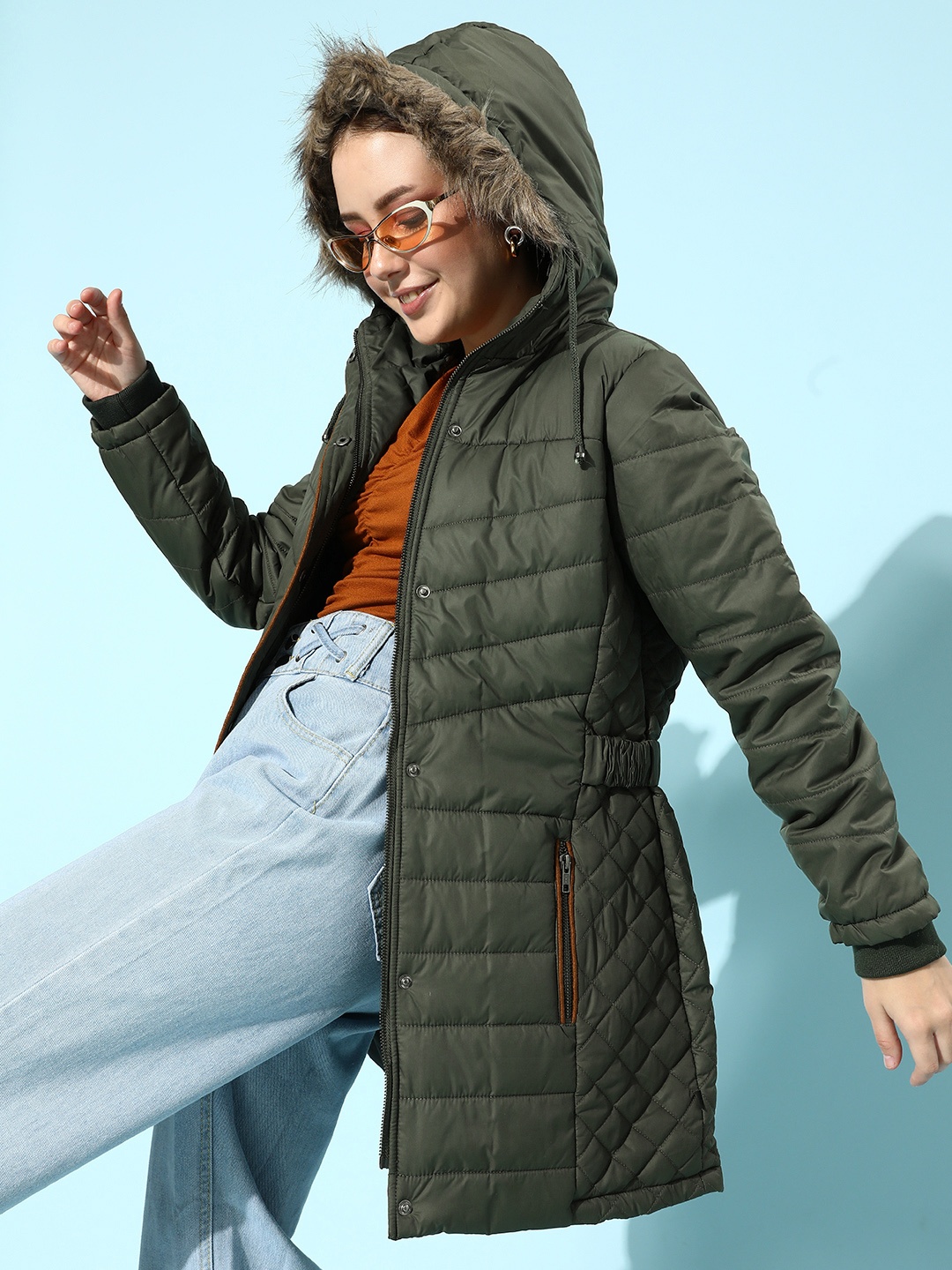 

Roadster Women Olive Green Solid Faux Fur Trim Longline Parka Jacket