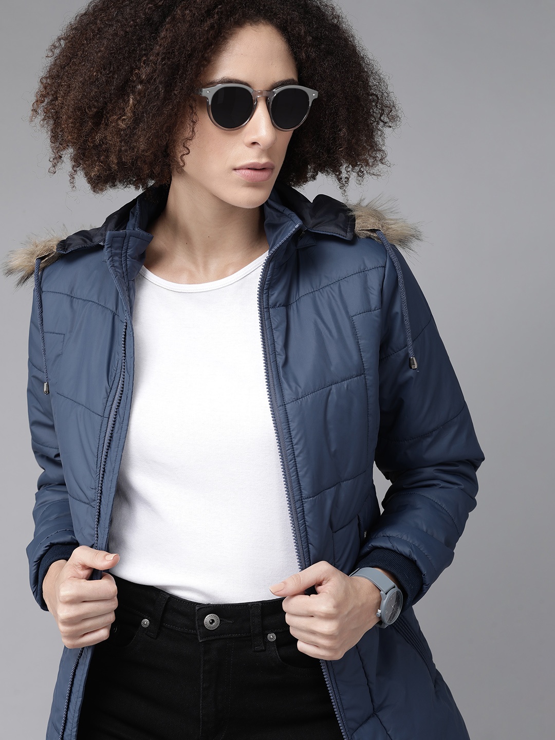 

Roadster Women Navy Blue Solid Bomber Jacket