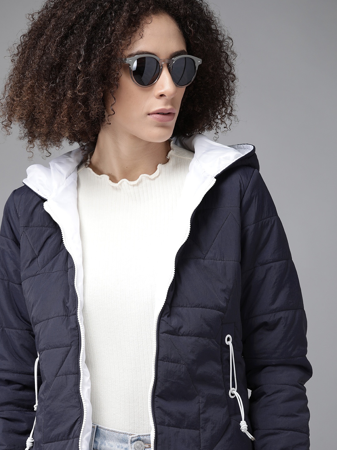 

Roadster Women Navy Blue Solid Hooded Padded Jacket