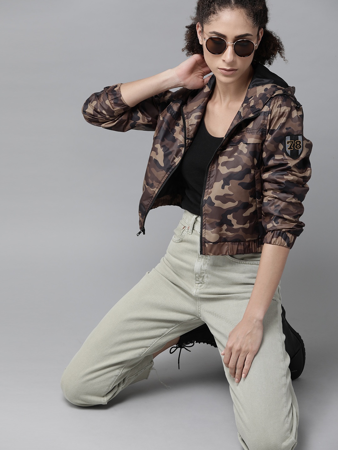 

Roadster Women Olive Green & Black Camouflage Printed Tailored Jacket