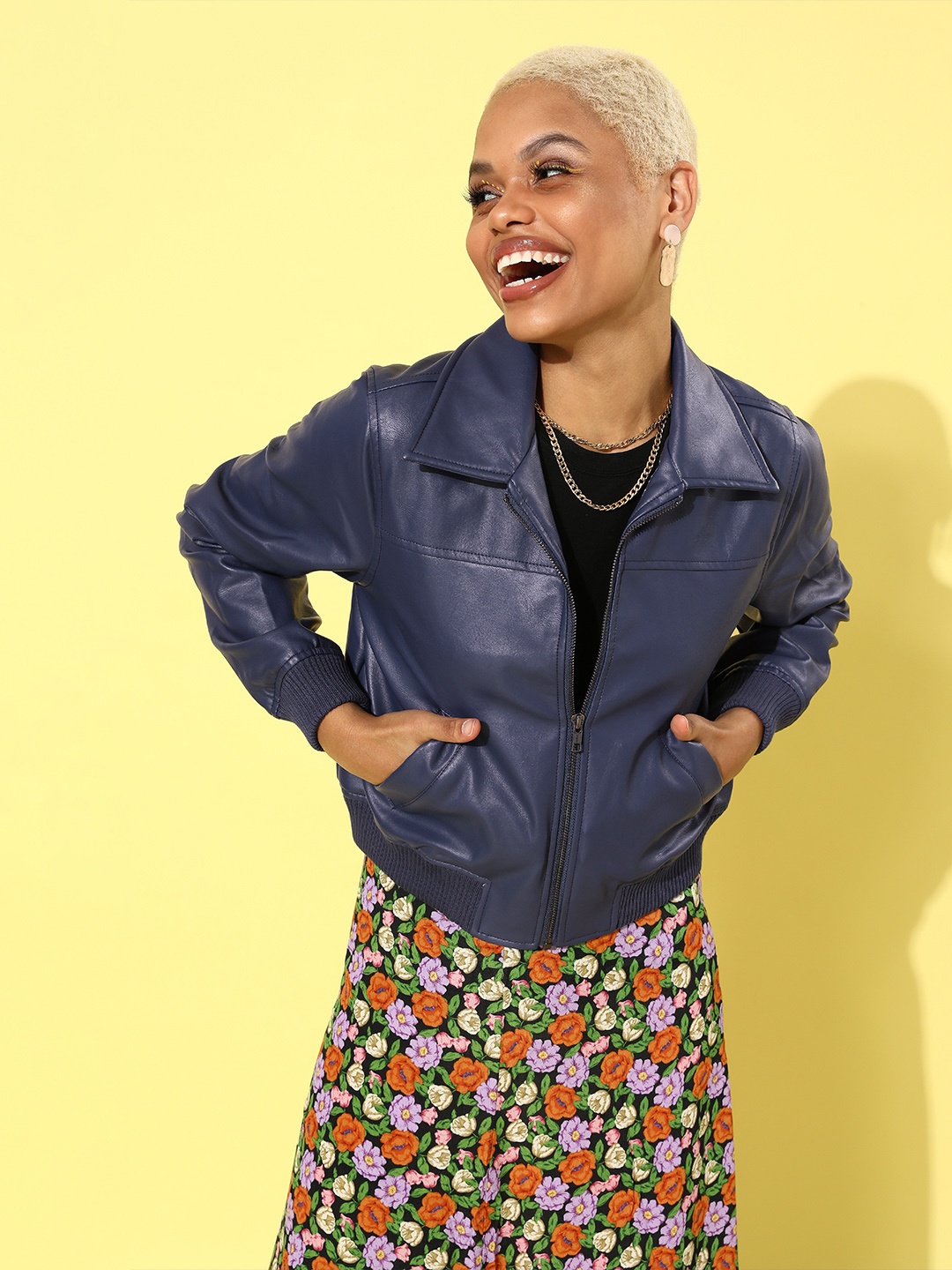

Roadster Women Stunning Blue Solid Biker Jacket