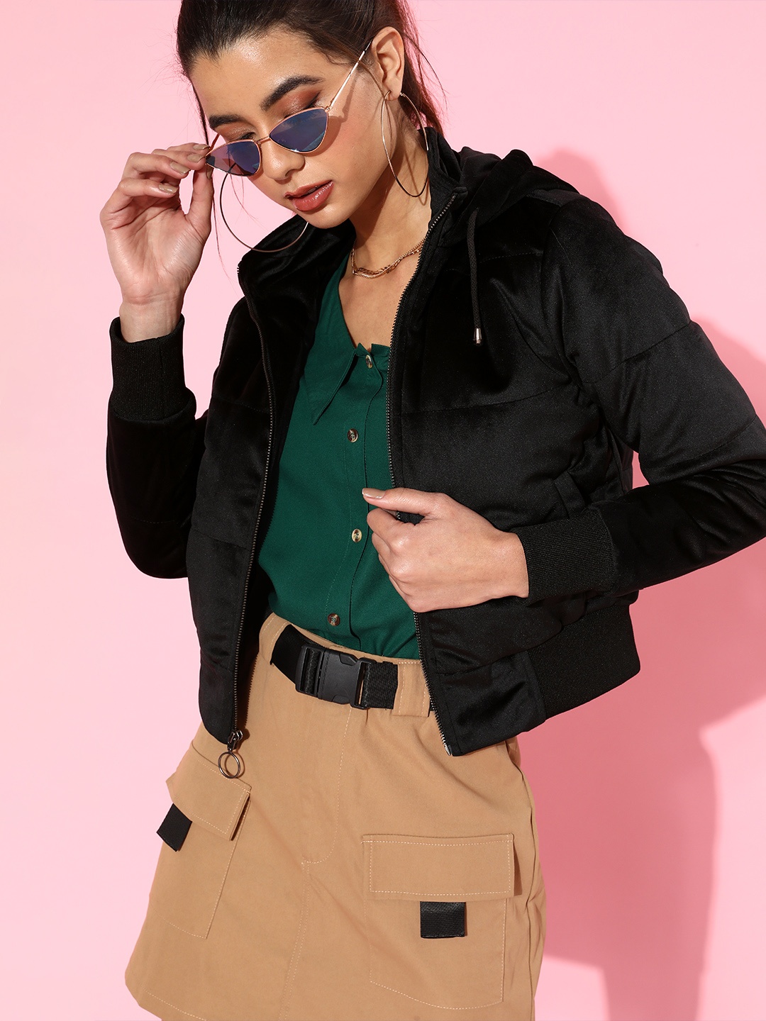 

Roadster Women Stylish Black Solid Velvet Jacket