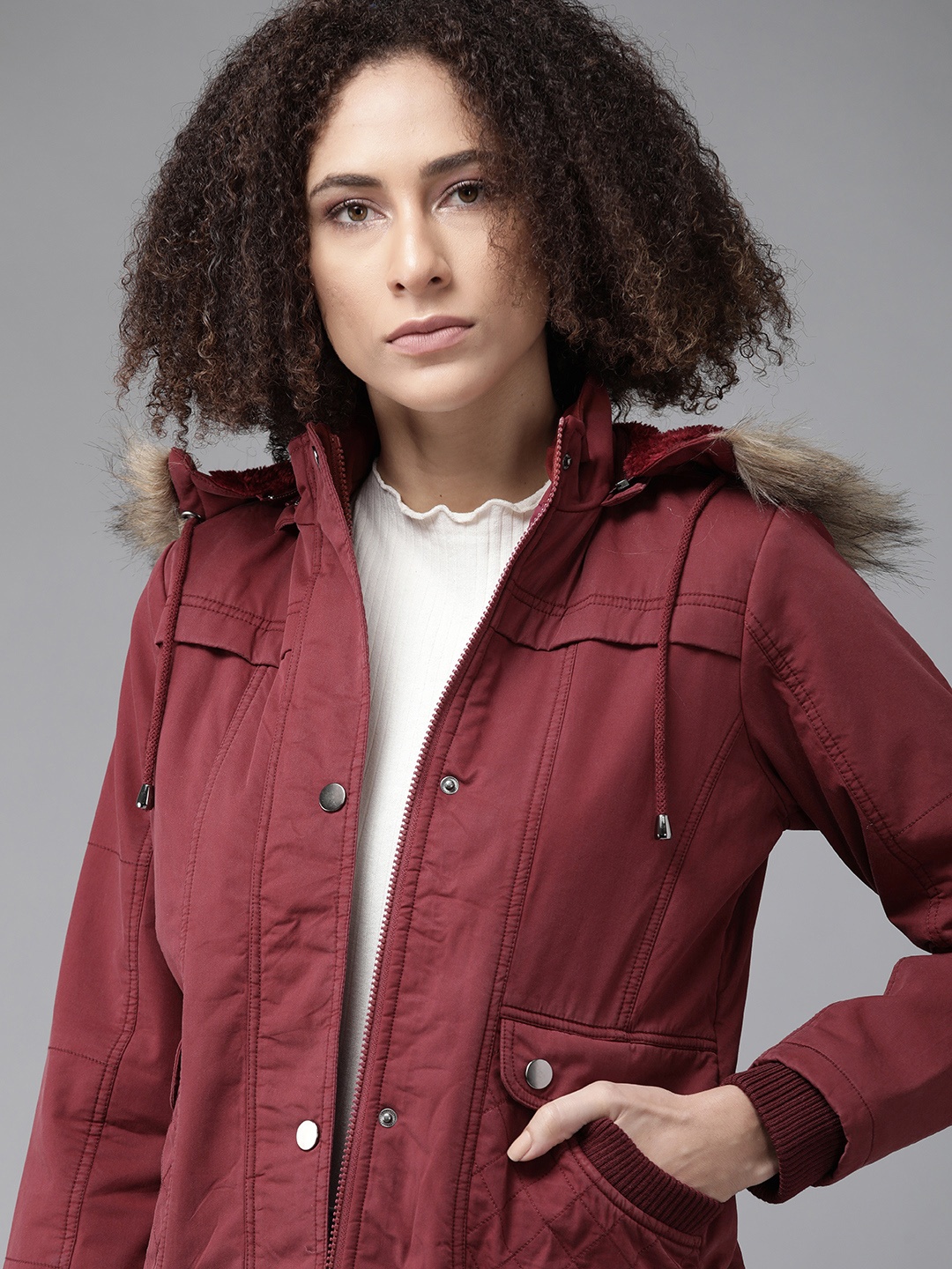 

Roadster Women Maroon Pure Cotton Solid Parka Jacket with Detachable Hood