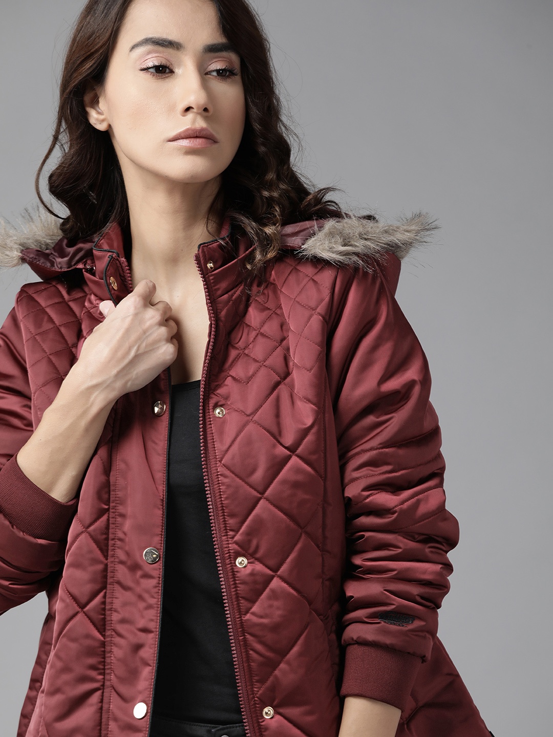 

Roadster Women Maroon Solid Parka Jacket with Detachable Hood