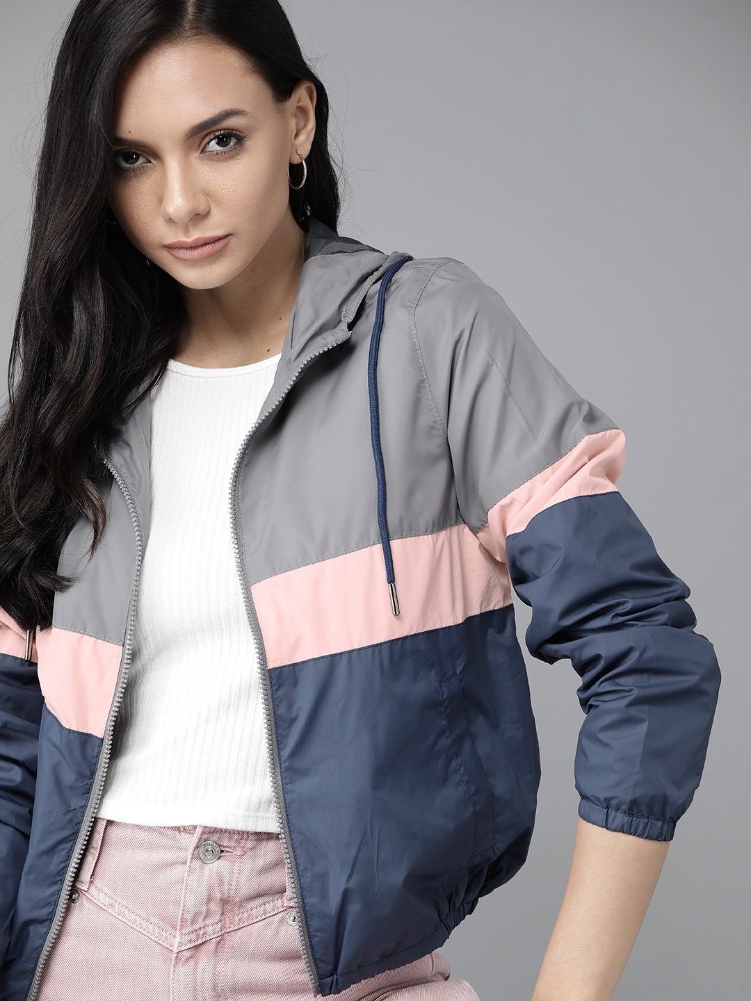 

Roadster Women Grey & Navy Blue Windcheater Colourblocked Jacket