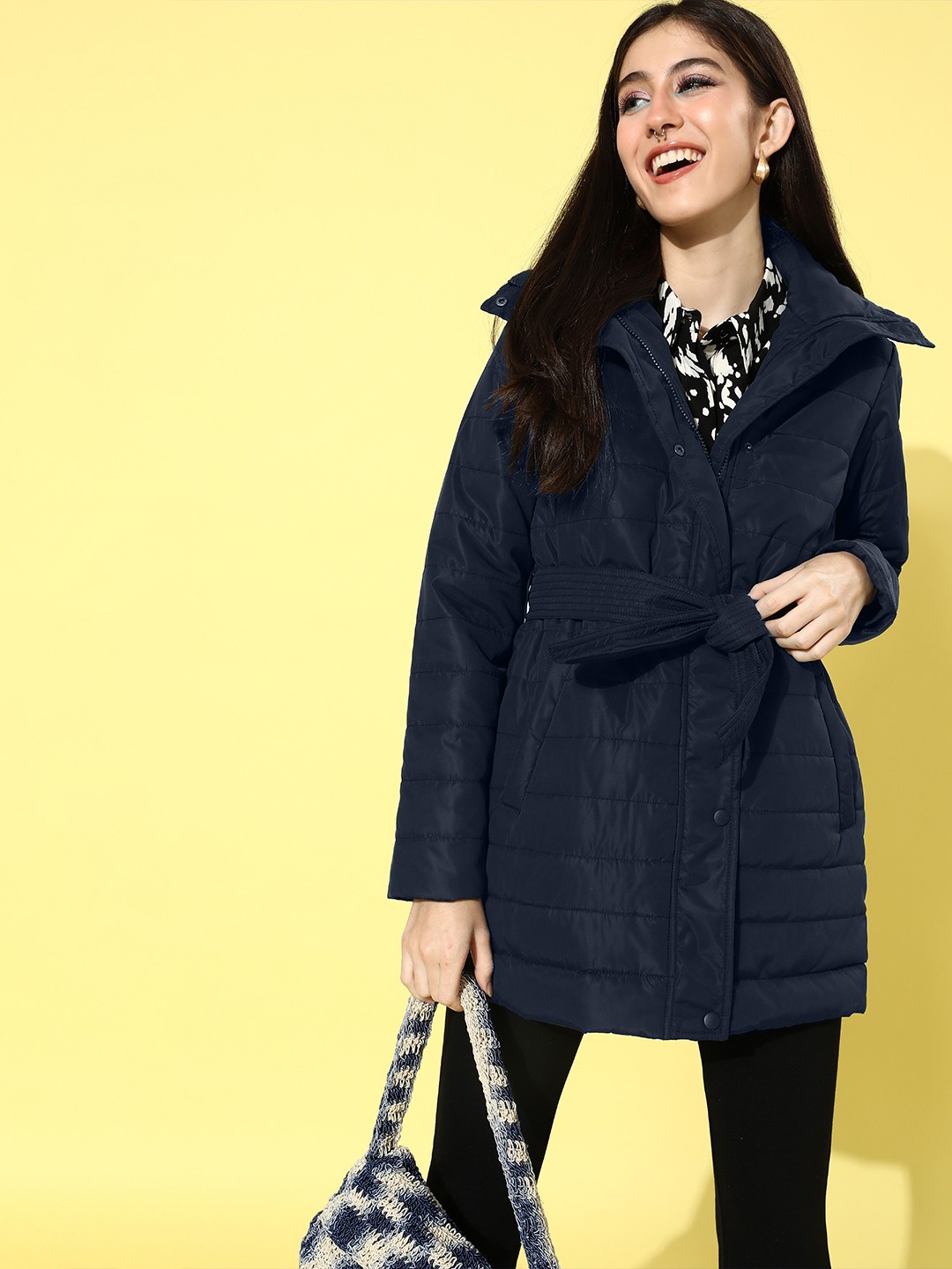 

Roadster Women Navy Blue Solid Quilted Jacket