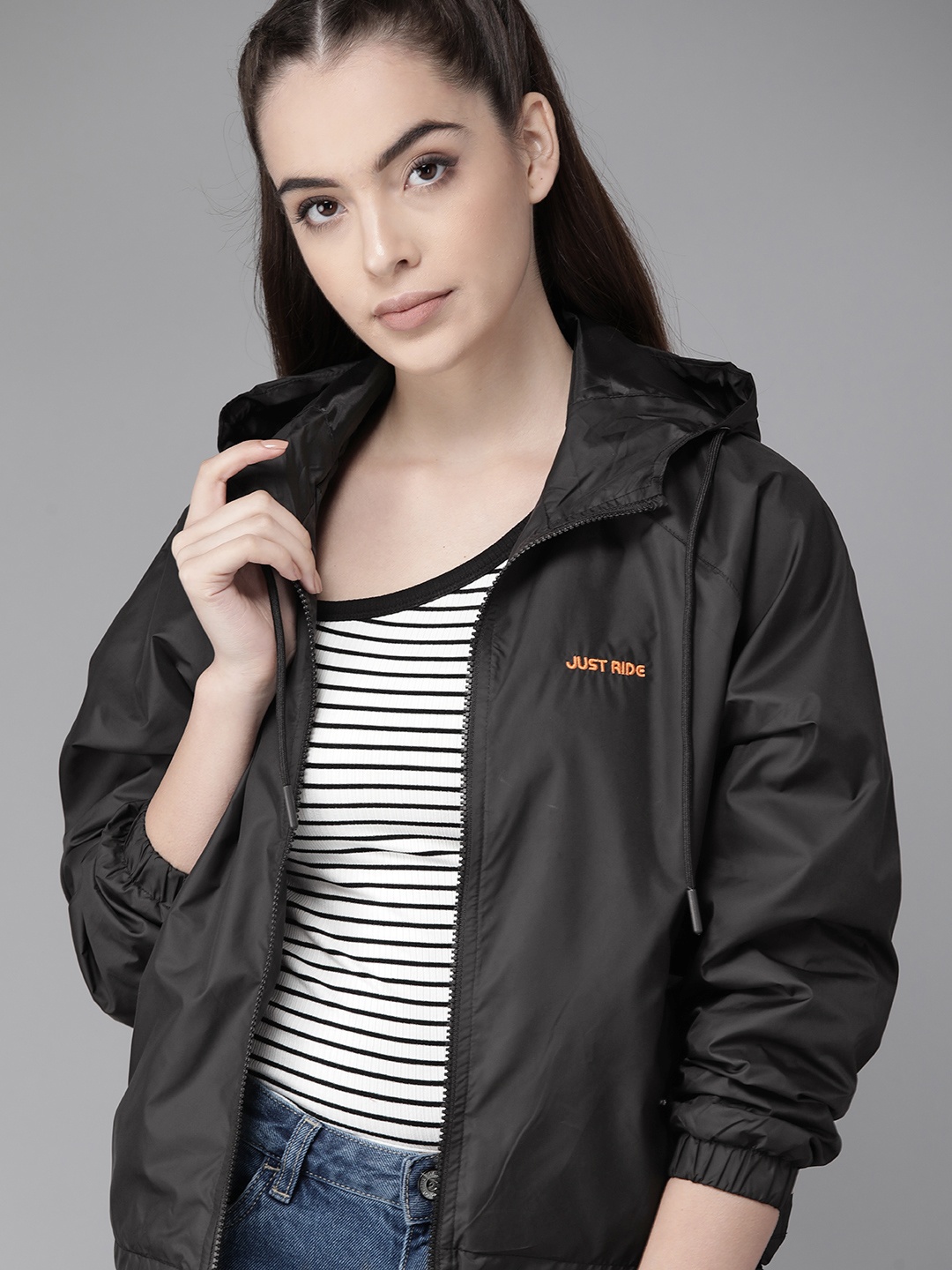 

Roadster Women Black Solid Windcheater Tailored Jacket