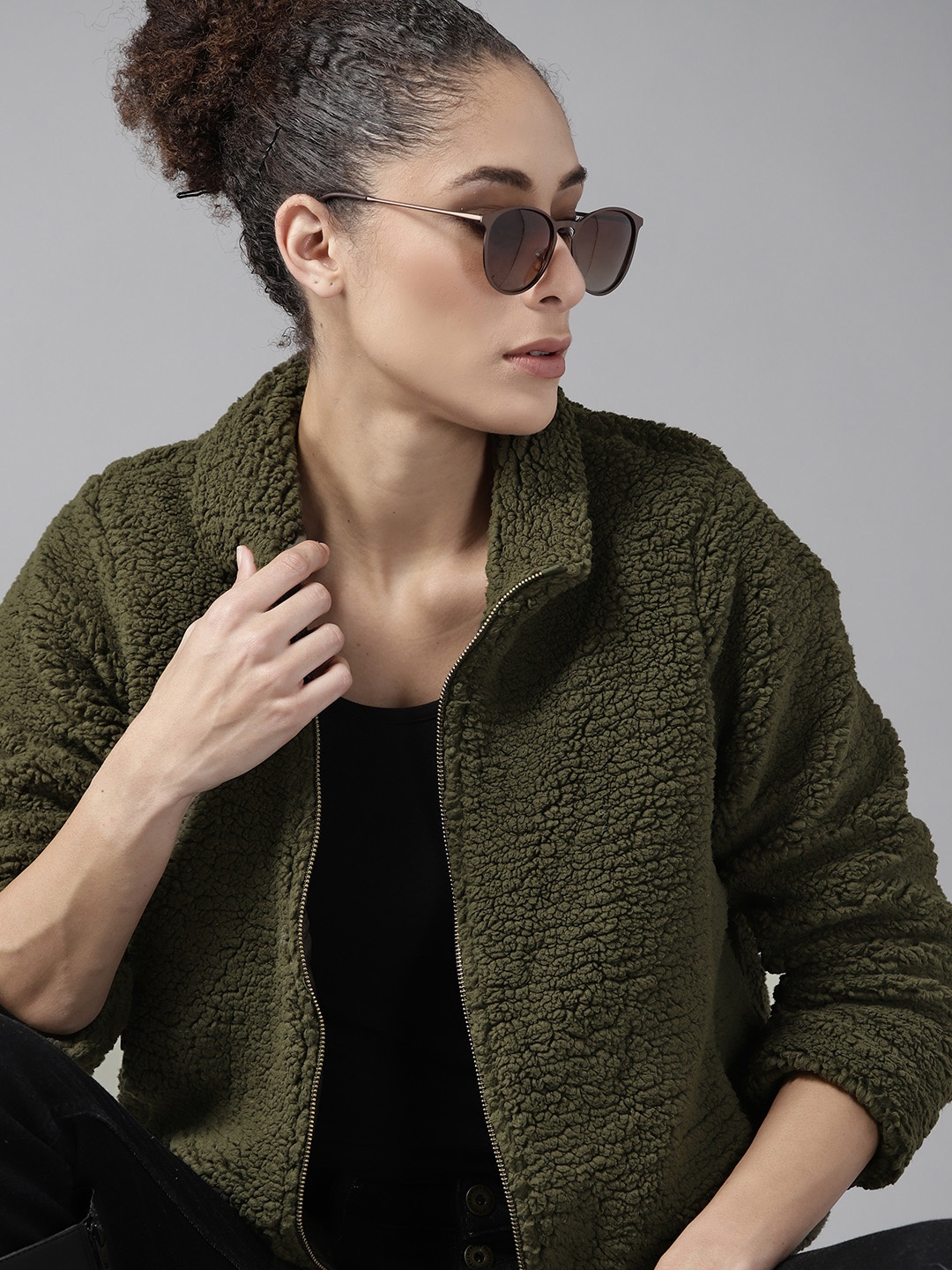 

Roadster Women Olive Green Solid Sherpa Jacket