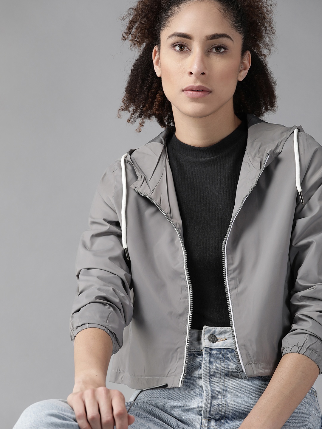 

Roadster Women Grey Solid Crop Tailored Hooded Jacket