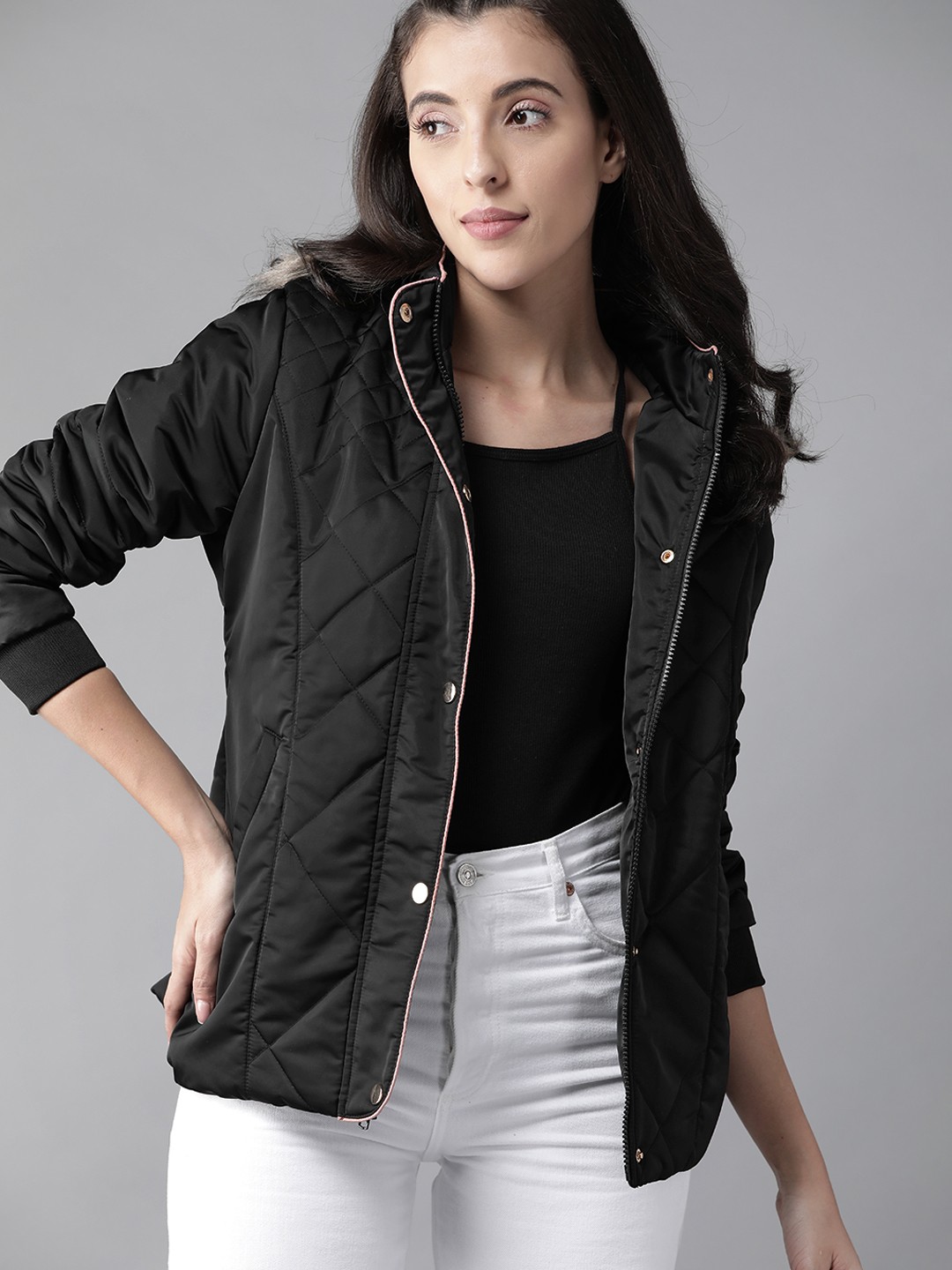 

Roadster Women Black Solid Detachable Hood Parka Jacket