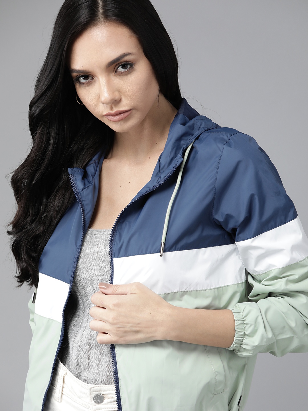 

Roadster Women Navy Blue & Green Windcheater Colourblocked Jacket