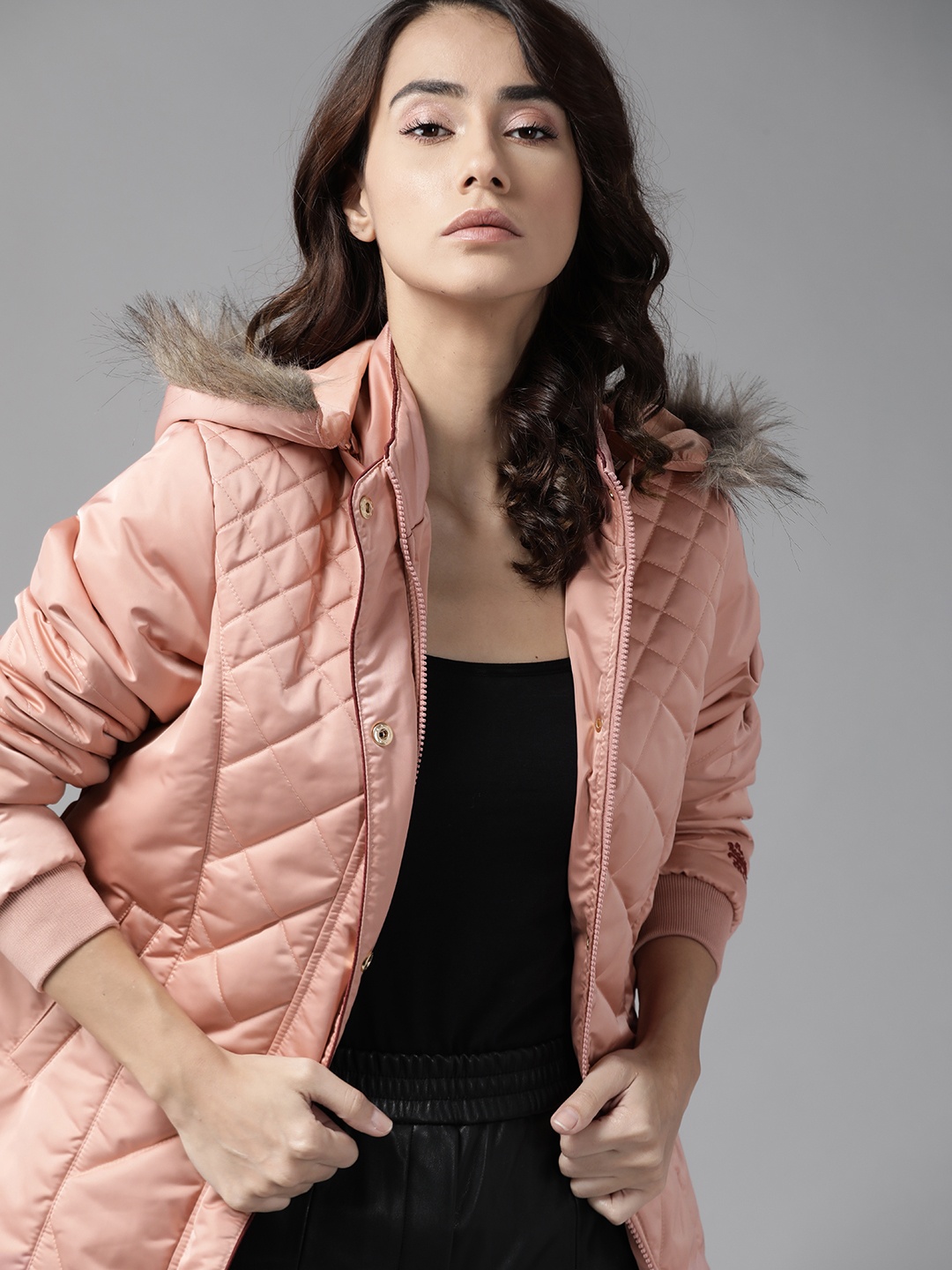 

Roadster Women Pink Solid Parka Jacket with Detachable Hood