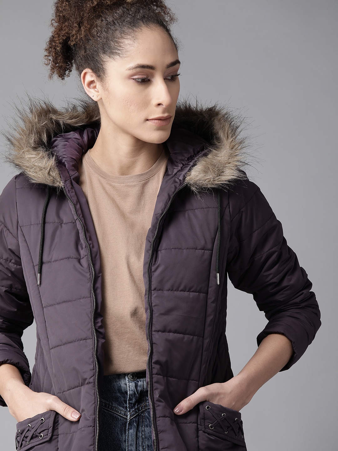 

Roadster Women Purple Solid Parka Jacket with Detachable Hood