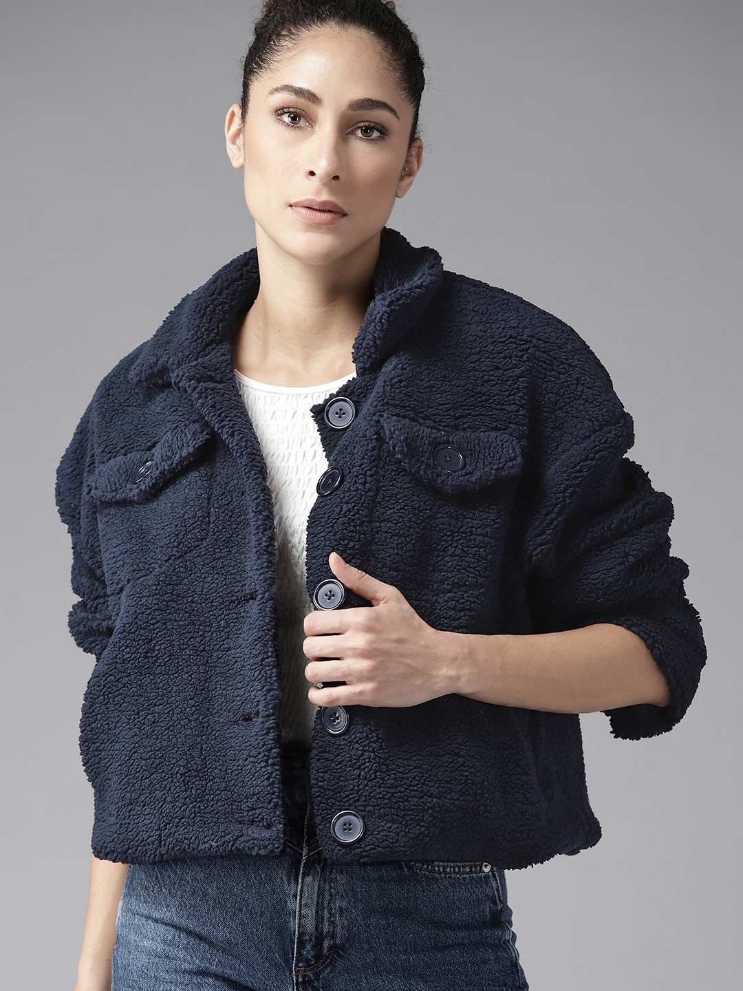 

Roadster Women Navy Blue Solid Sherpa Trucker